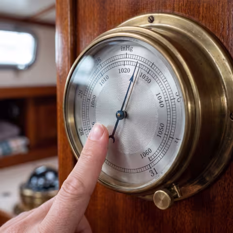 Aneroid barometer face, macro — Course imagery, marine weather.