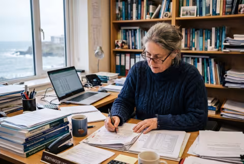 Marine ecologist annotating a grant proposal at a crowded desk — Person `main_image`, faculty/research.