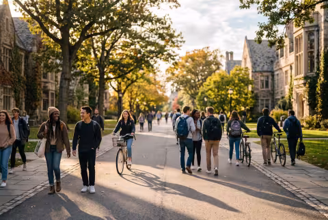 Student life, campus walkway at golden hour — Landing page imagery, student life hero.